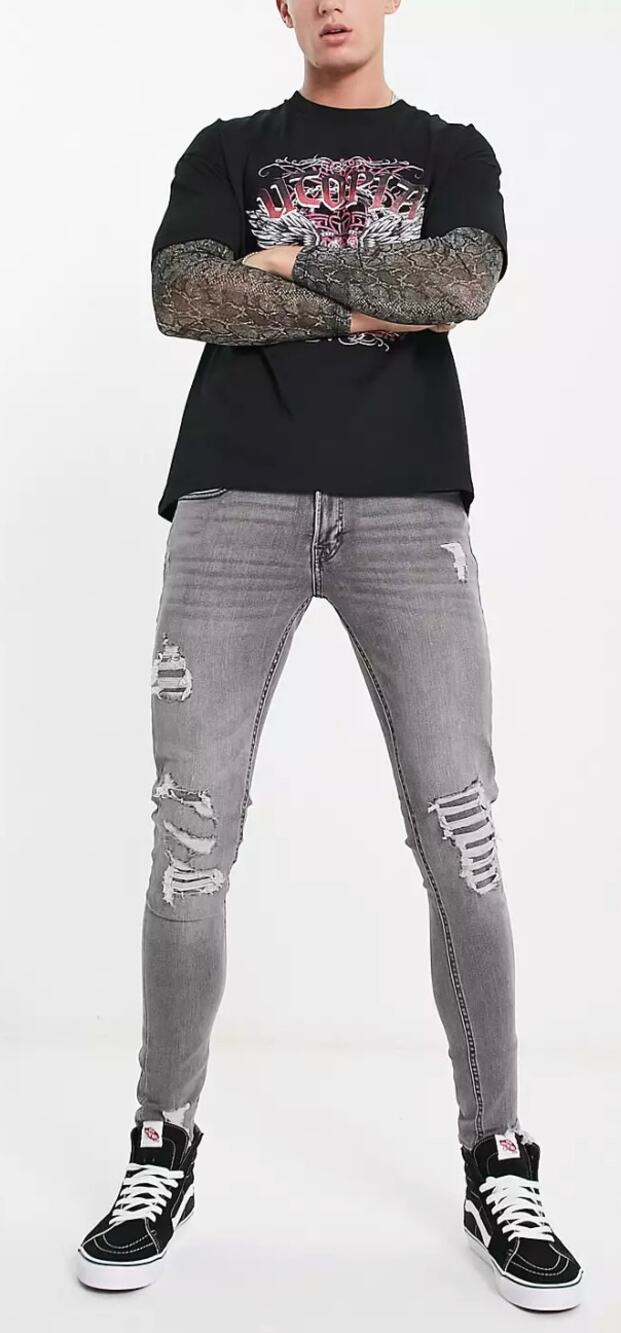 ADPT Mens Grey Denim Spray On Skinny Fit Jeans Distressed Heavy Rips Size 34x32